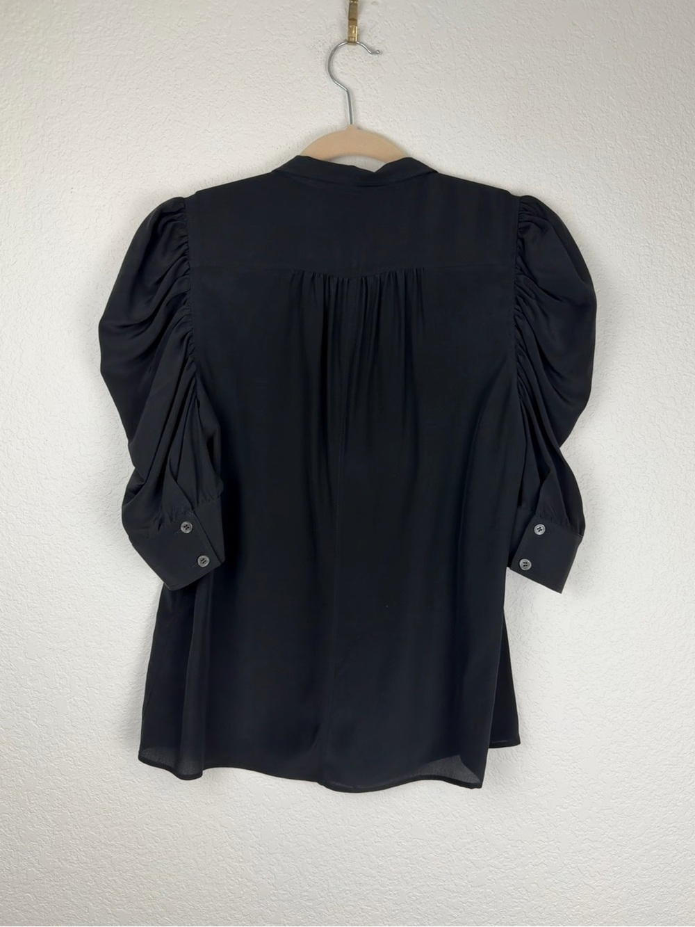 Frame Gillian Puff Sleeve Silk Top 3/4 Sleeve Button Up Black Small - Picture 7 of 15